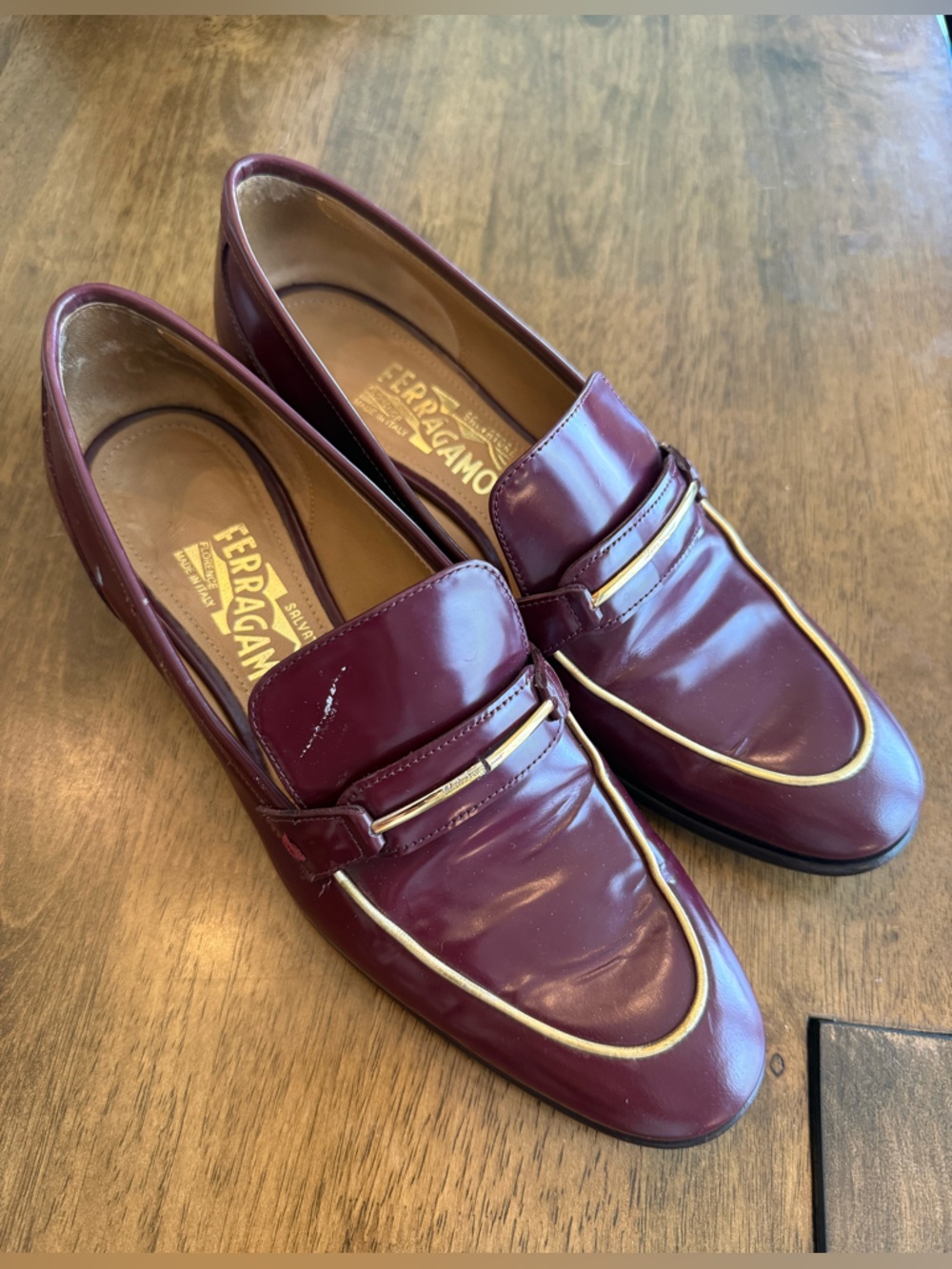 Salvatore Ferragamo Burgundy Leather Loafers with Gold Trim